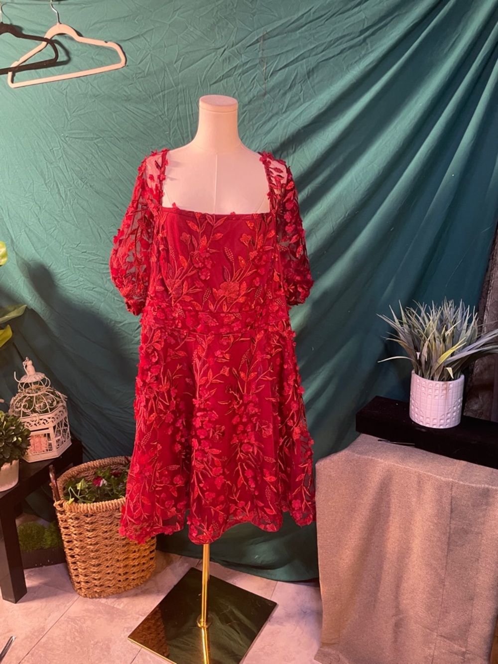 Red Floral Embroidered Square-Neck Dress
